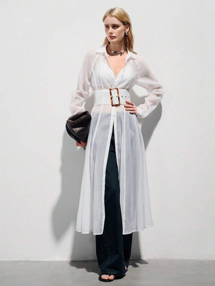 CM-DS108757 Women Elegant Seoul Style Collar Chiffon Sleeve Wide Waistband Buckle Flowing Sheer Shirt Dress