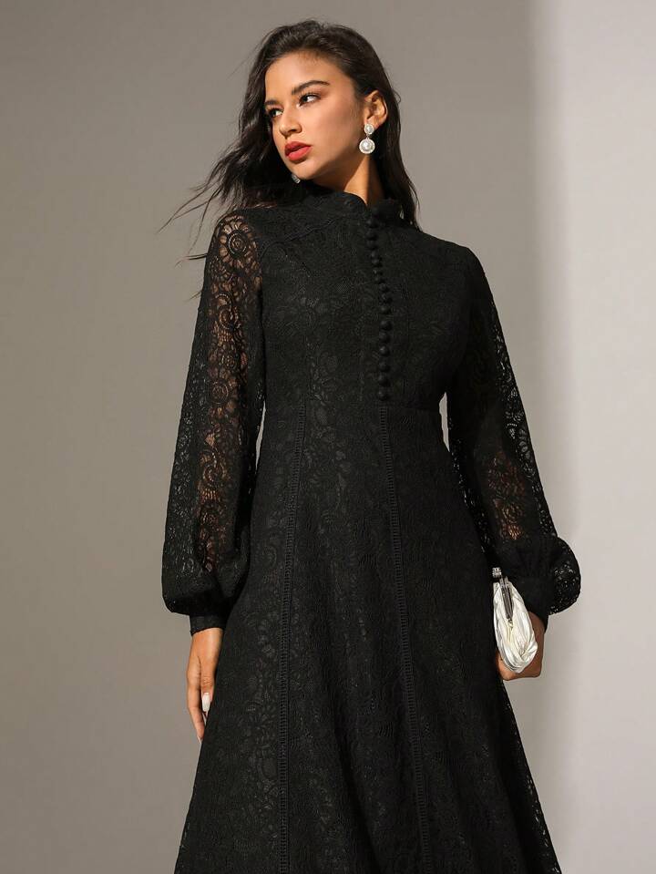 CM-DS748677 Women Elegant Seoul Style Lace Mandarin Collar Long Sleeve A-Line Dress - Black