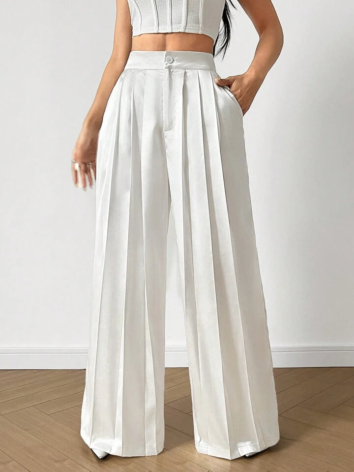 CM-BS196929 Women Casua Seoul Style Solid Color Pleated Wide Leg Trousers - White