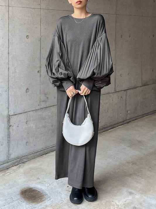 CM-DS455539 Women Casual Seoul Style Solid Color Round Neck Lantern Sleeve Straight Midi Dress - Gray