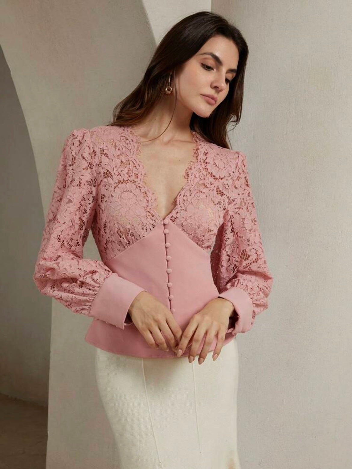 CM-TS031210 Women Elegant Seoul Style V-Neck Lace Patchwork Cinching Waist Top - Pink
