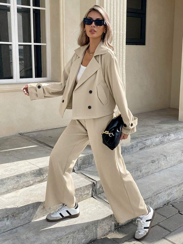 CM-SS009280 Women Elegant Seoul Style Solid Color Lapel Neck Long Sleeve Double-Breasted Jacket With Pants - Set
