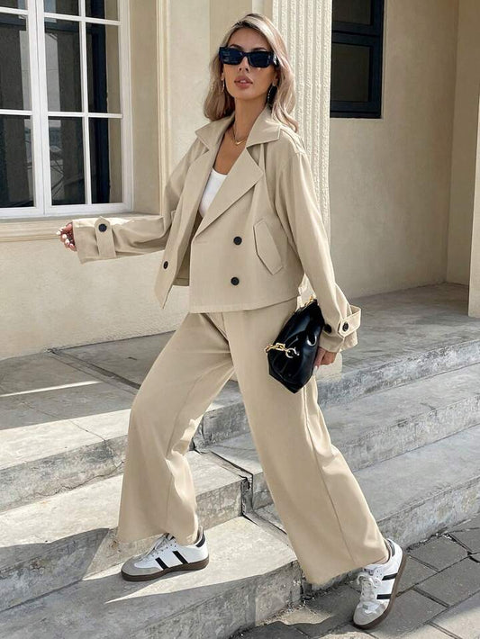 CM-SS009280 Women Elegant Seoul Style Solid Color Lapel Neck Long Sleeve Double-Breasted Jacket With Pants - Set