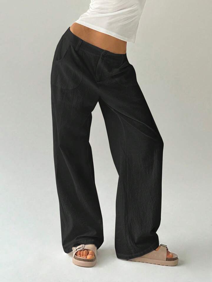 CM-BS700810 Women Casual Seoul Style Solid Color Low Waist Loose Straight Leg Pants - Black