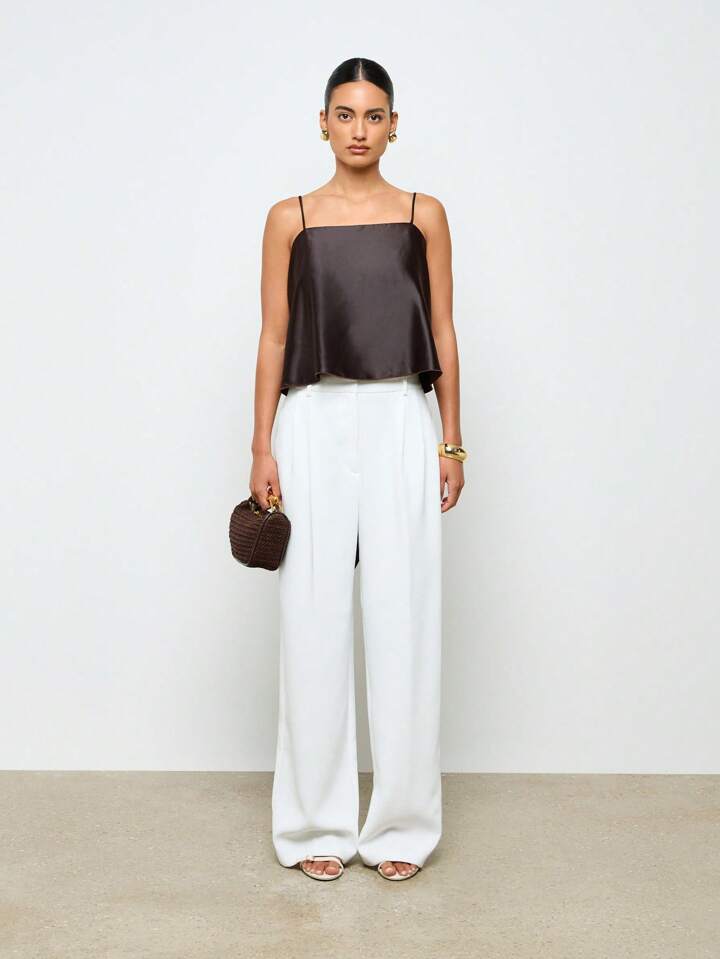 CM-TS962740 Women Casual Seoul Style Satin Spaghetti Strap Drape Backless Top - Coffee Brown