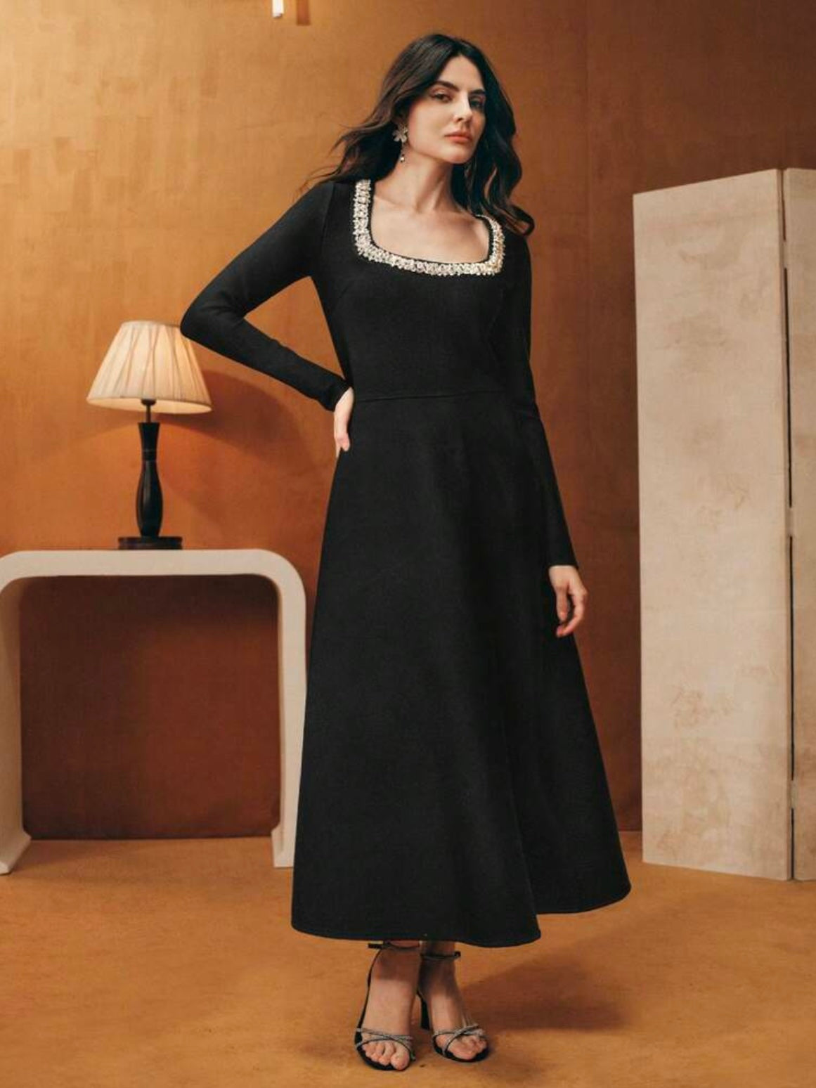 CM-DS016057 Women Elegant Seoul Style Square Neck Long Sleeve Rhinestone Bandage Ribbed A-Line Dress - Black