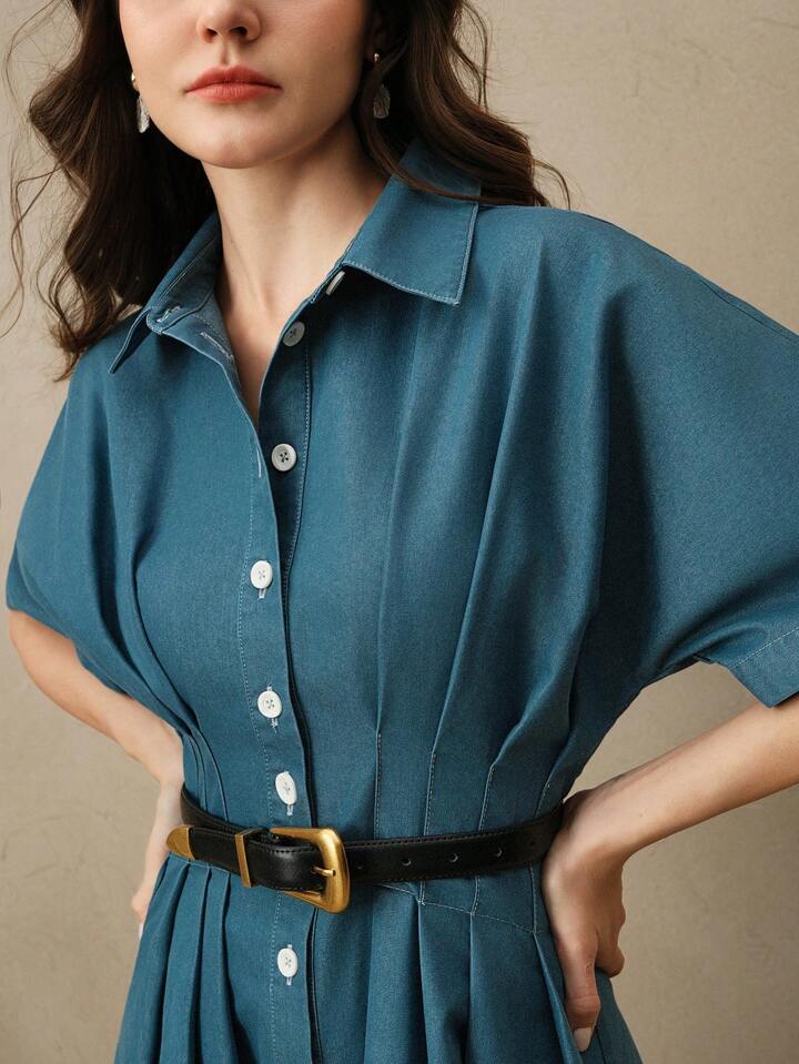 CM-DS203055 Women Elegant Seoul Style Shirt Collar Batwing Sleeve High Waist A-Line Denim Dress - Blue