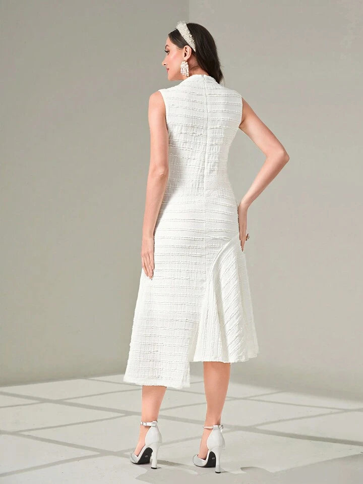 CM-DS799999 Women Elegant Seoul Style Solid Mock Neck Sleeveless A-Line Dress - White