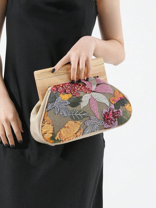 CM-BGS945364 Women Trendy Seoul Style Kiss Lock Flower Sequins Decor Design Handbag