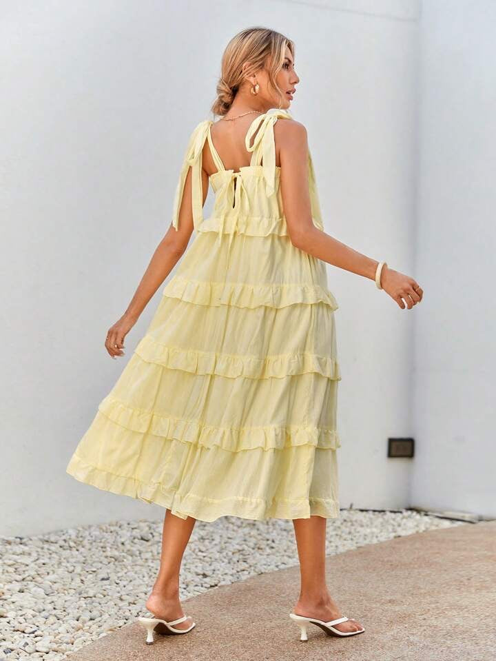 CM-DS642010 Women Trendy Bohemian Style Multilayered Frills Square Neck Sleeveless Dress - Yellow