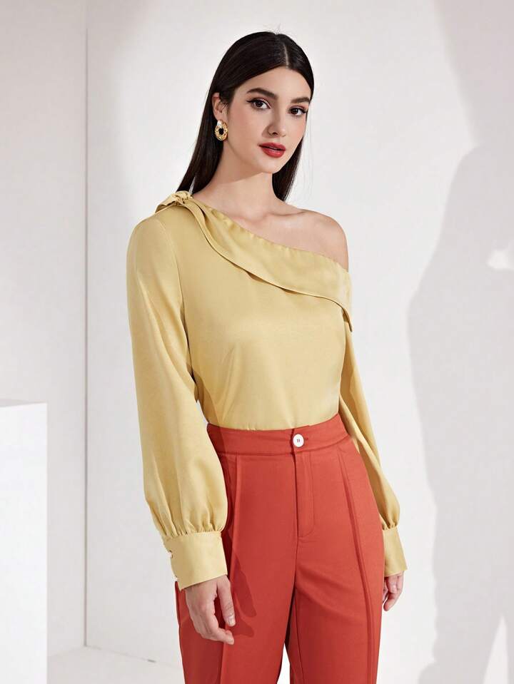 CM-TS672724 Women Casual Seoul Style Asymmetrical Collar Neckline Long Sleeve Shirt