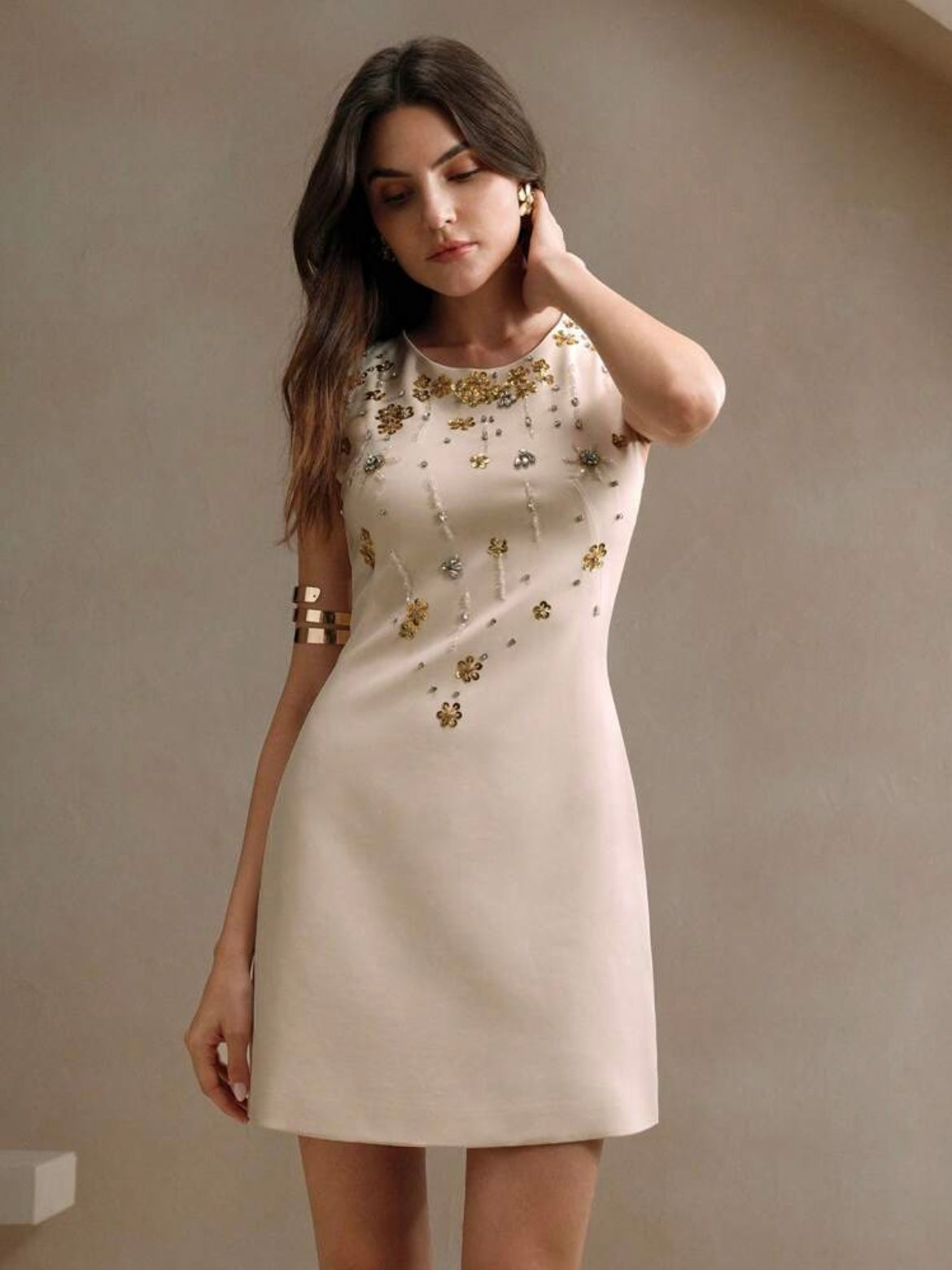 CM-DS466951 Women Elegant Seoul Style Round Neck Sleeveless Beaded Waist-Cinched Short Dress - Apricot