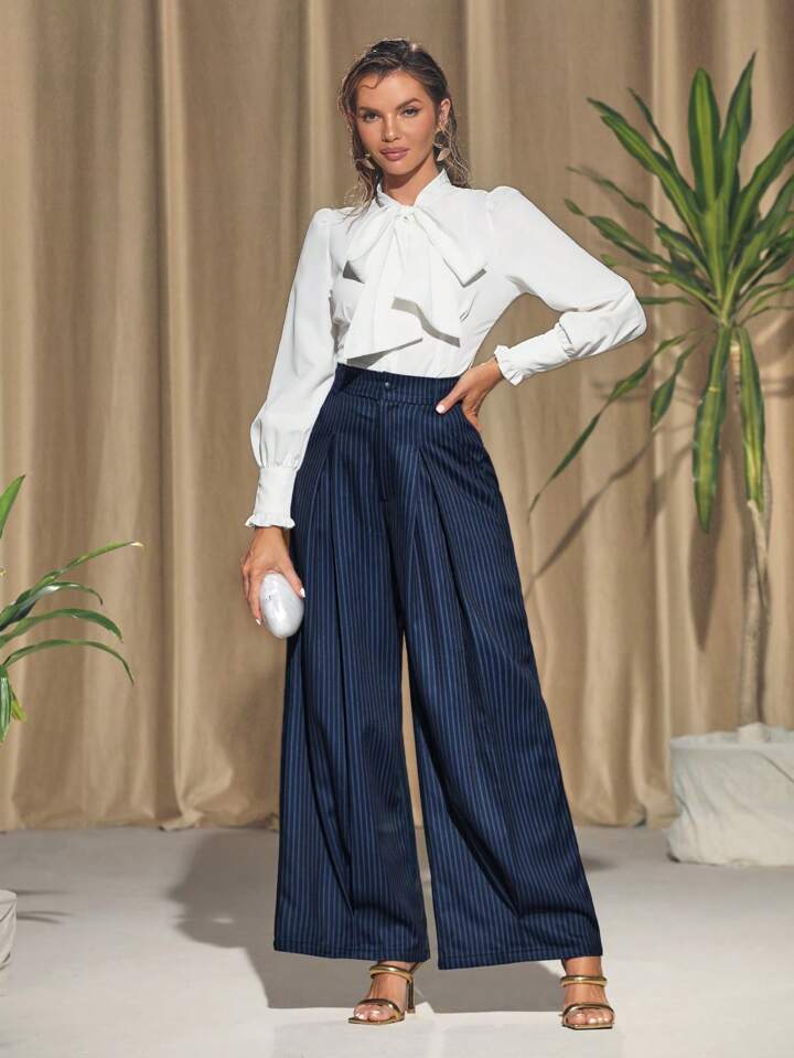 CM-BS482184 Women Elegant Seoul Style Wide Leg Chevron Pleated Pants - Blue