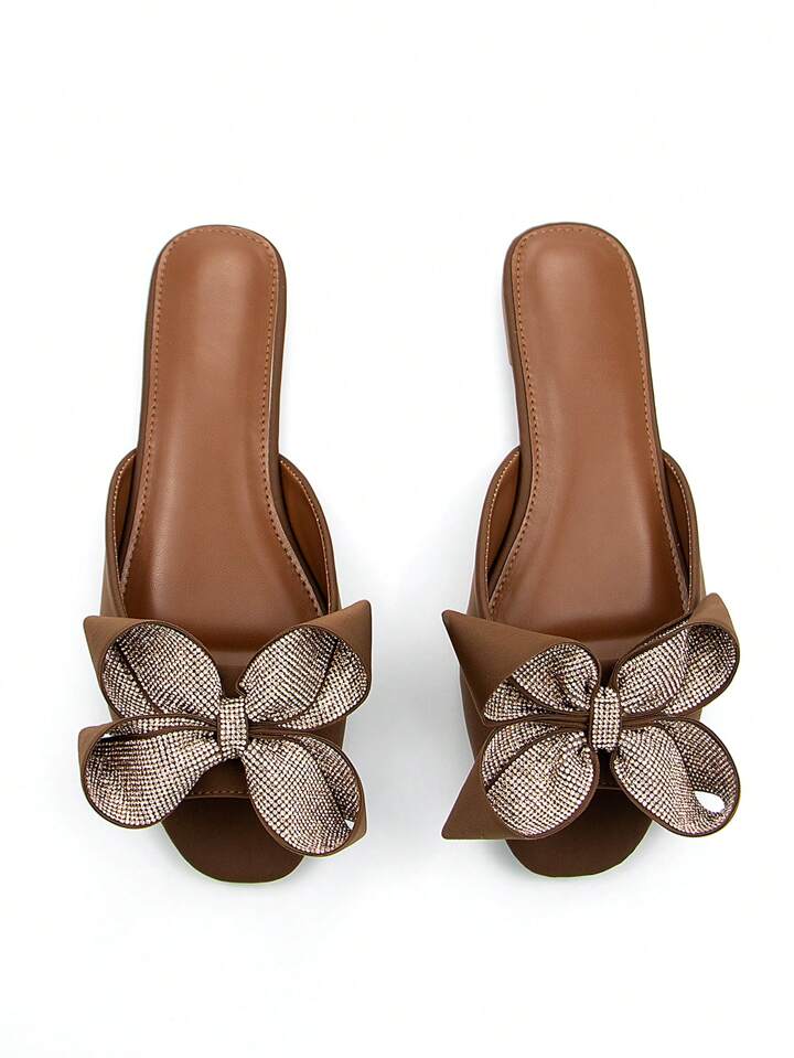 CM-SHS586508 Women Trendy Seoul Style 3D Rhinestone Floral Bow Decor Square Toe Mule Sandals - Brown