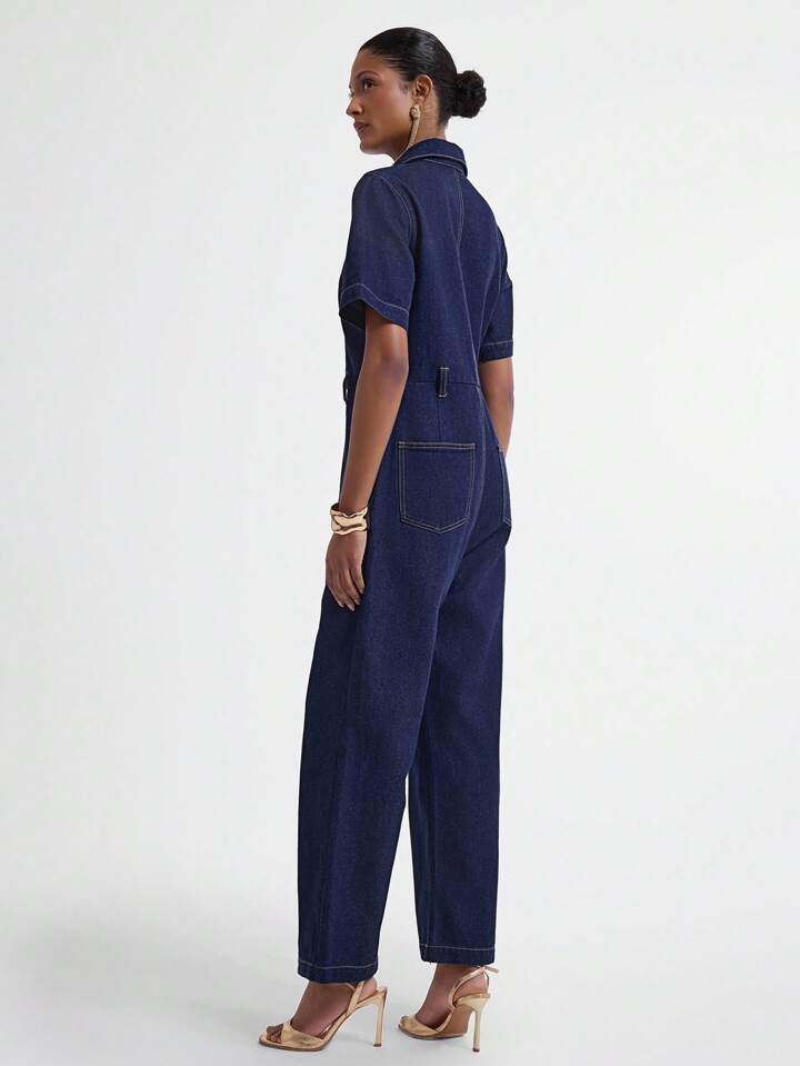 CM-JS957764 Women Casual Seoul Style Dark Wash Collar Neckline Short Sleeve Loose Denim Jumpsuit