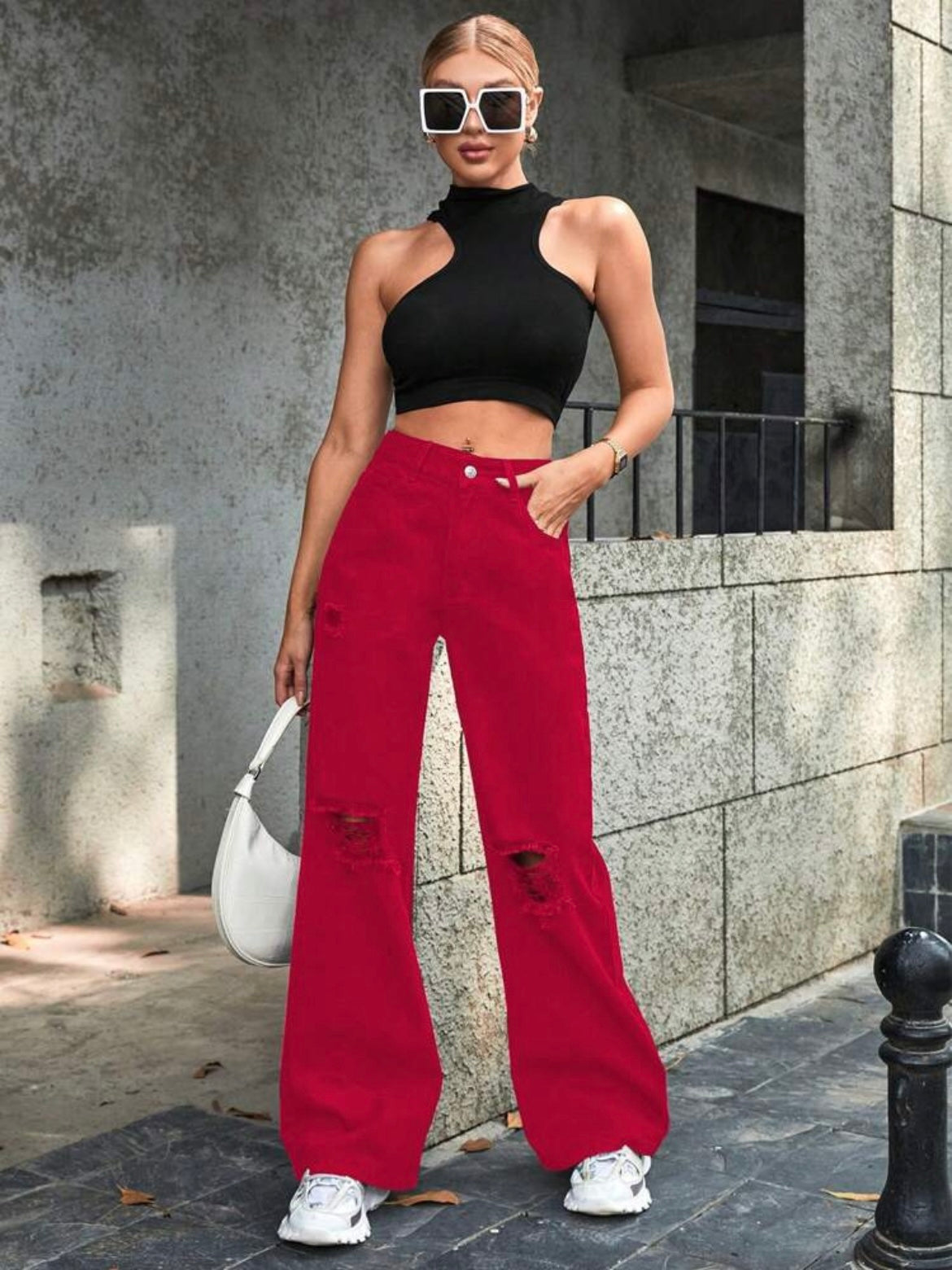 CM-BS161213 Women Casual Seoul Style High Waist Distressed Wide Leg Loose Denim Jeans - Red