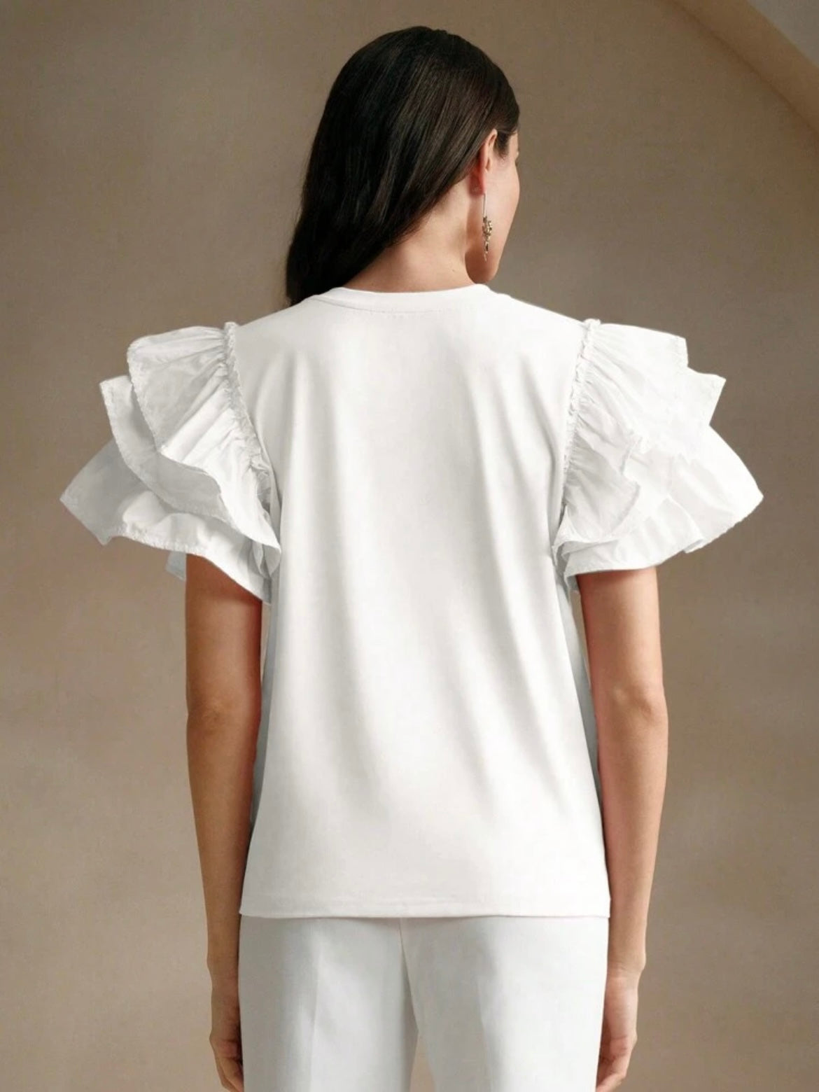 CM-TS528522 Women Casual Seoul Style Round Neck Puff Sleeve Ruffle Hem Splice Short Sleeve T-Shirt