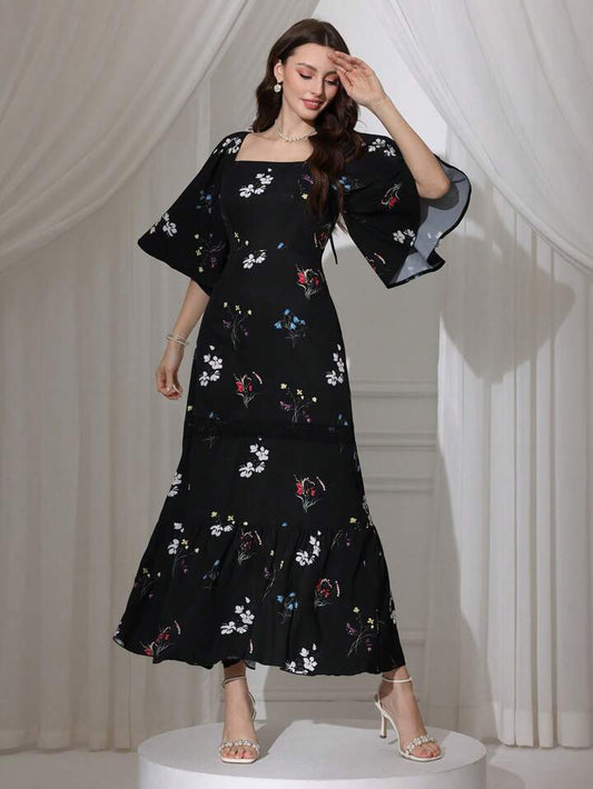 CM-DS851963 Women Elegant Seoul Style Square Neck Flounce Sleeve High Waist Long Dress