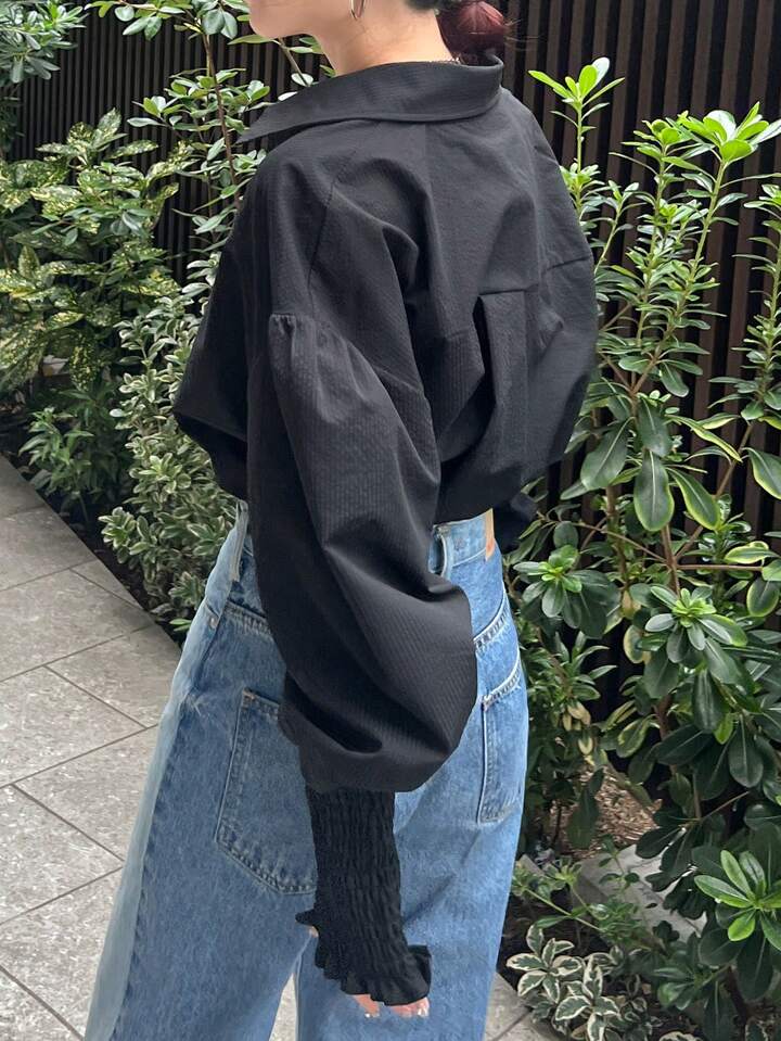 CM-TS551571 Women Casual Seoul Style Drop Shoulder Long Sleeve Single Breasted Shirt - Black