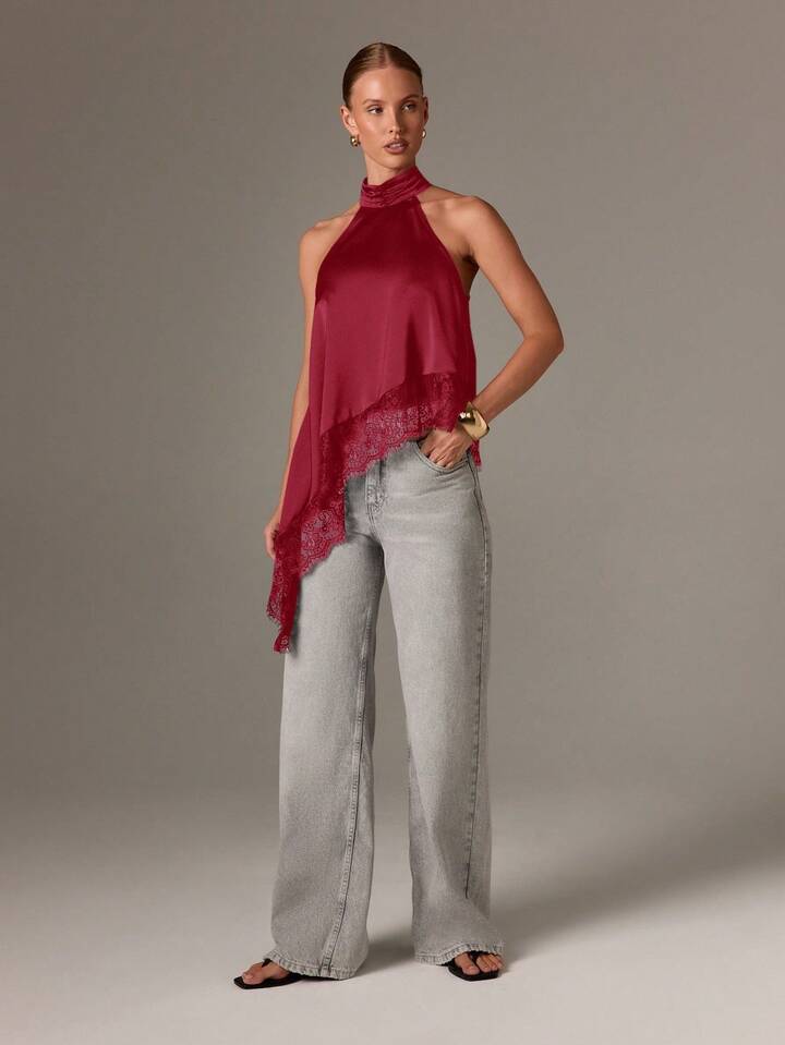 CM-TS403313 Women Elegant Seoul Style Asymmetrical High Neck Halter Top Lace Sleeveless Blouse - Burgundy