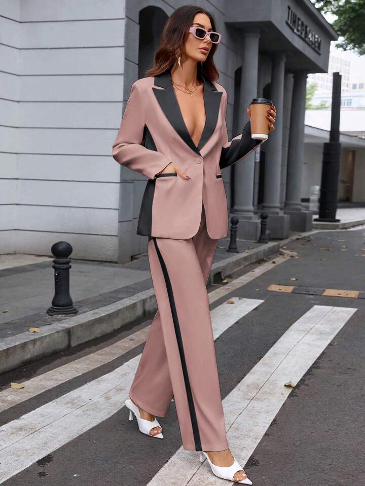 CM-SS924590 Women Elegant Seoul Style Contrast Color Lapel Neckline Long Sleeve Blazer With Suit Pants - Set