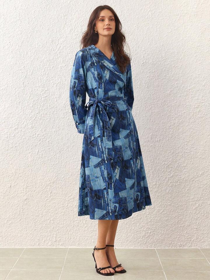 CM-DS016397 Women Elegant Seoul Style V-Neck Long Sleeve Patchwork Print Overlap Collar Denim Dress