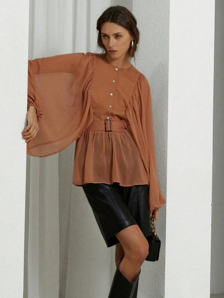 CM-TS827917 Women Elegant Seoul Style Striped Print Round Neck Sheer Belted Long Sleeve Blouse
