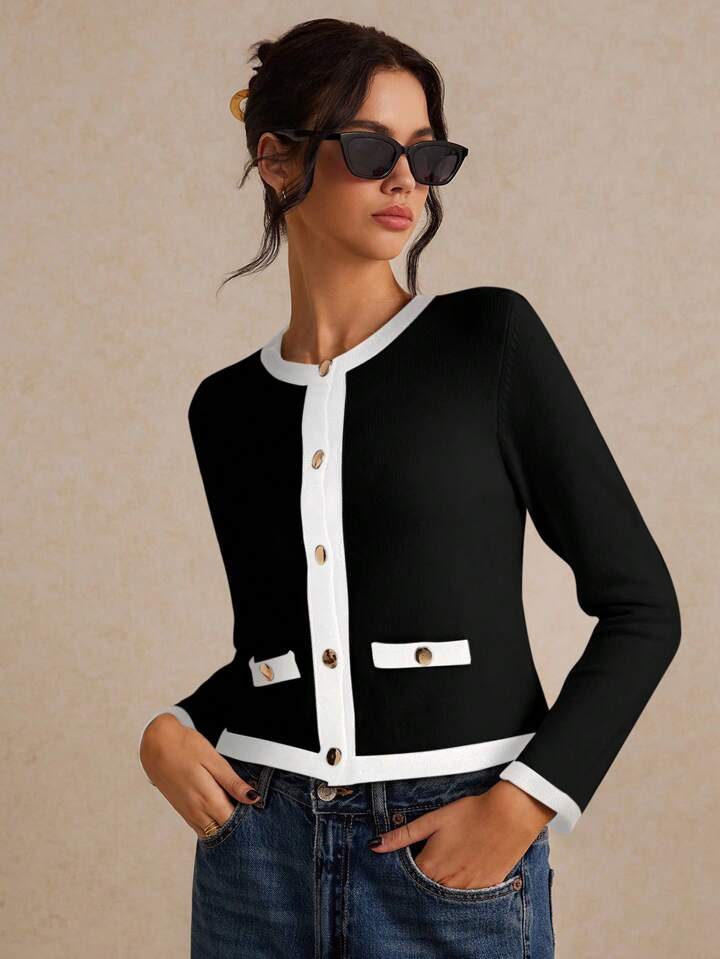 CM-CS834494 Women Casual Seoul Style Color Block Long Sleeve Trim Metal Button Front Knit Cardigan