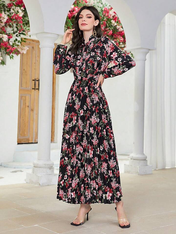 CM-DS652950 Women Trendy Bohemian Style Floral Print Long Sleeve Maxi Dress - Black