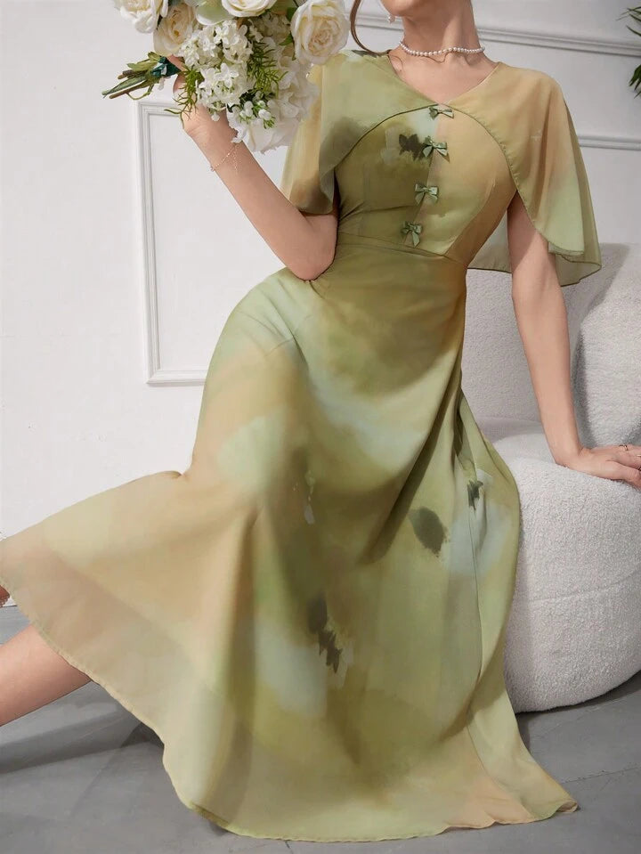 CM-DS579071 Women Elegant Seoul Style V-Neck Gradient Color Bowknot Decoration Dress - Green