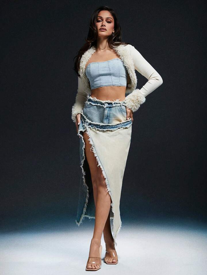 CM-BS514532 Women Casual Seoul Style Light Wash Asymmetric Fringed Hem Denim Skirt