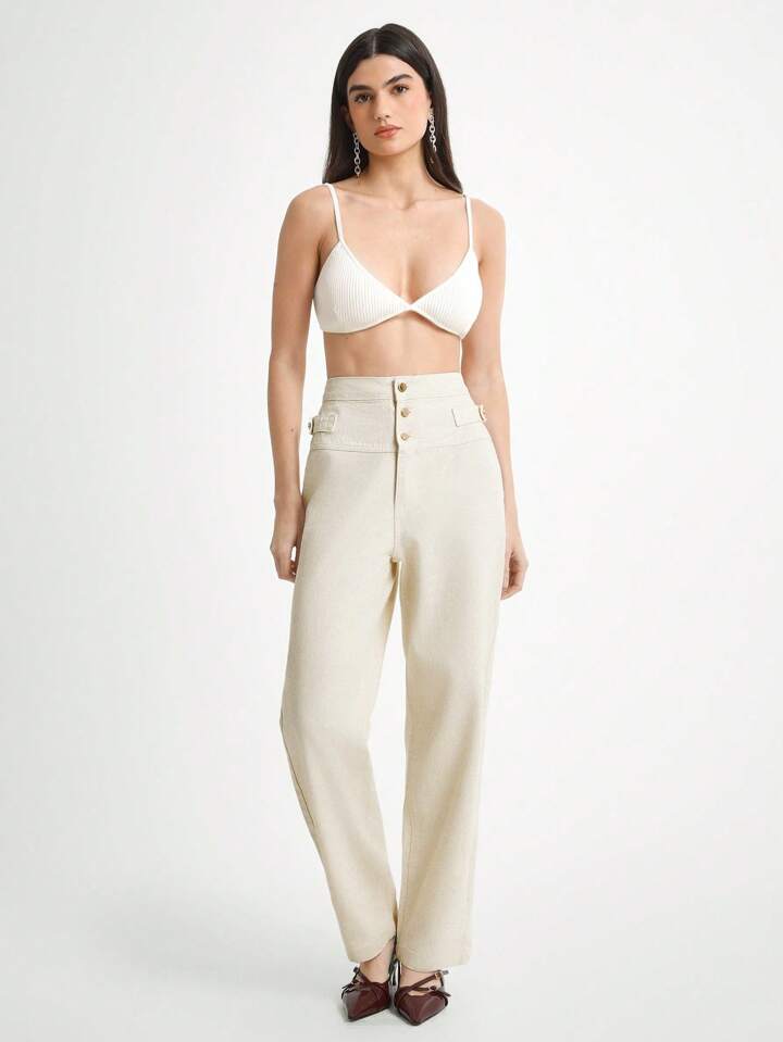 CM-BS240424 Women Casual Seoul Style Ultra High Waist Plain Extra Long Straight Leg Jeans - Beige