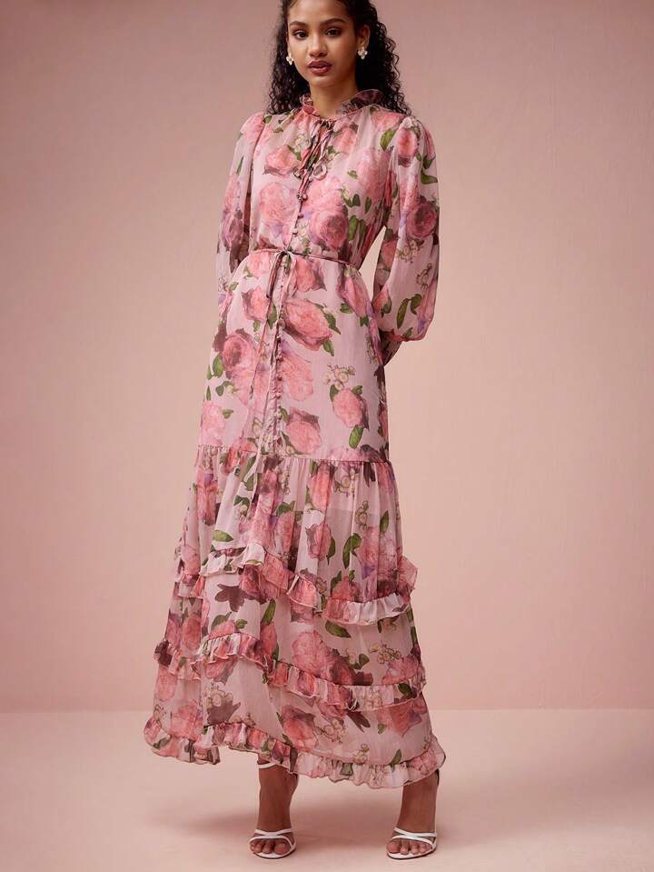 CM-DS308871 Women Elegant Seoul Style Floral Print Tie Neck Multi-Layered Ruffled Hem Cuffs Dress