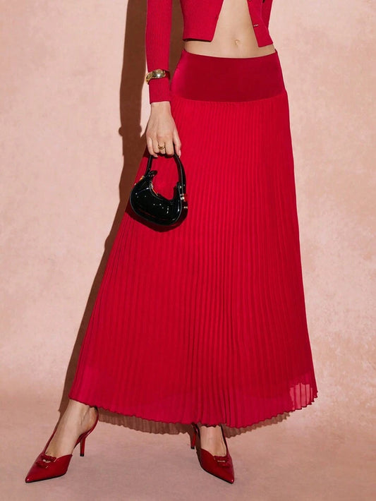 CM-BS418853 Women Elegant Seoul Style Plain Pleated A-Line Maxi Skirt - Burgundy