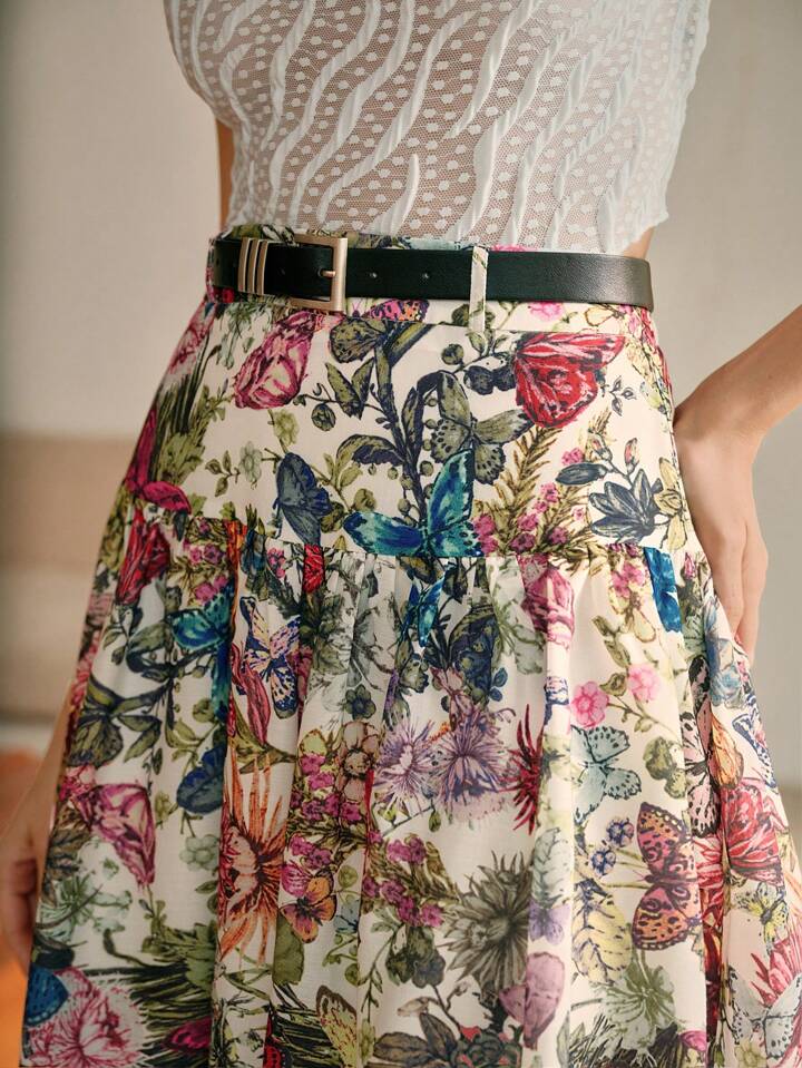 CM-BS435579 Women Elegant Seoul Style High Waist Butterfly Print Belted A-Line Hem Long Skirt