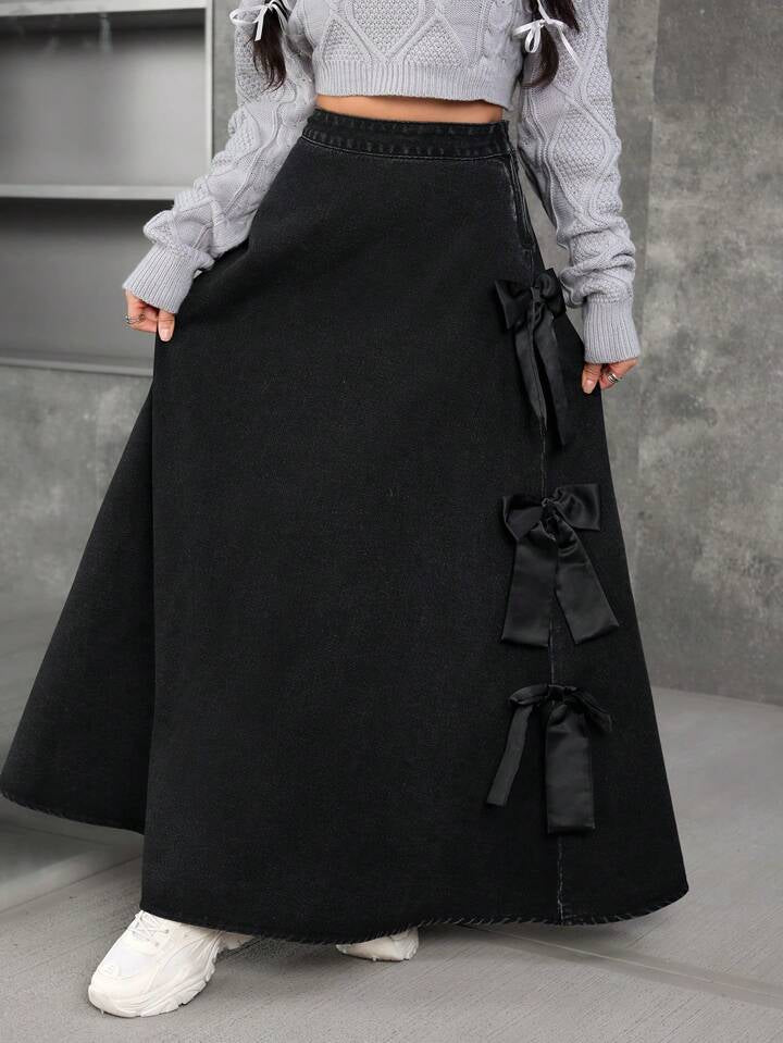 CM-BS823825 Women Casual Seoul Style Lace Up Bow Decor Loose Denim Skirt - Black