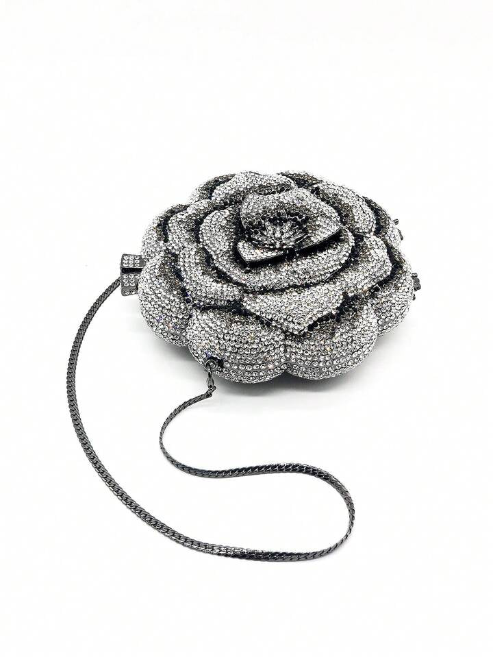 CM-BGS087877 Women Elegant Seoul Style Floral Design Rhinestone Crystal Handmade Clutch Bag - Black