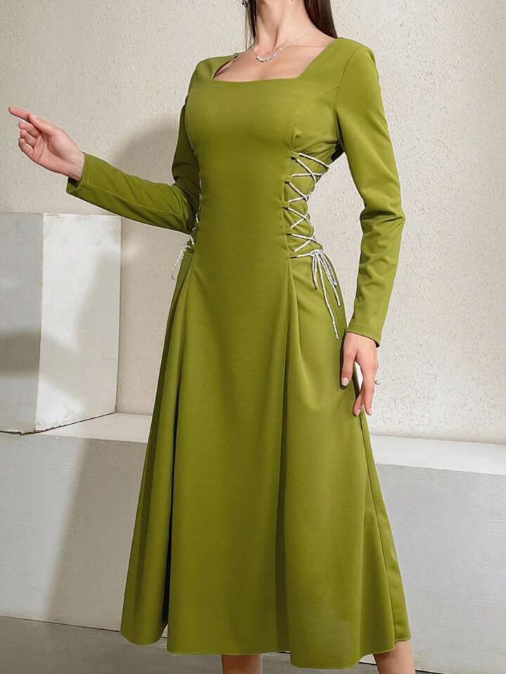 CM-DS903684 Women Casual Seoul Style Square Neck Long Sleeve Side Tie Maxi Dress - Green