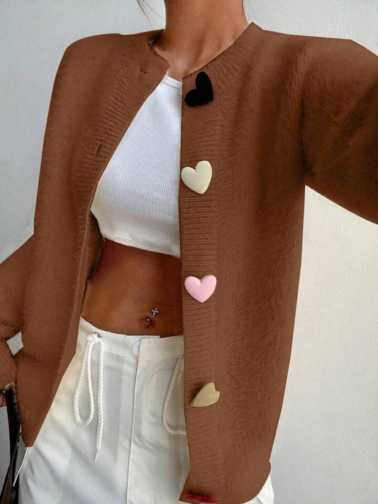 CM-CS468262 Women Casual Seoul Style Colorful Heart Button Front Cardigan - Brown