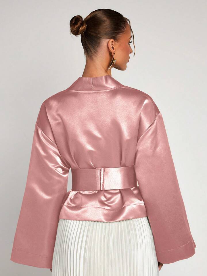 CM-TS829270 Women Elegant Seoul Style Solid Color V-Neck Wrap Flared Sleeve Blouse - Pink