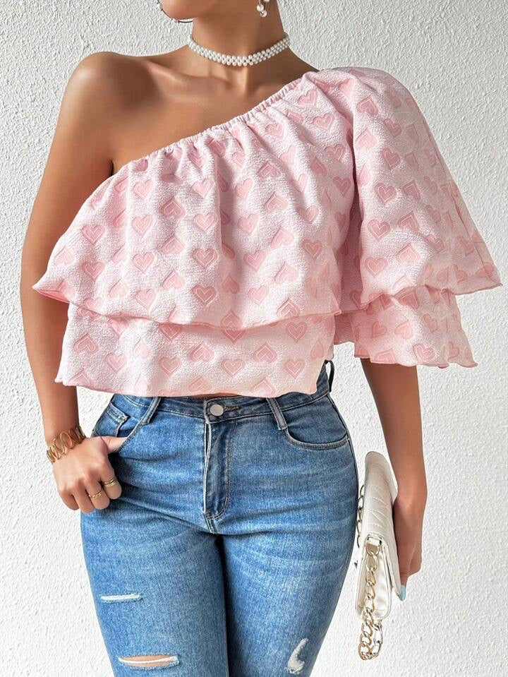 CM-TS298526 Women Casual Seoul Style Heart Shaped Design Oblique Shoulder Blouse