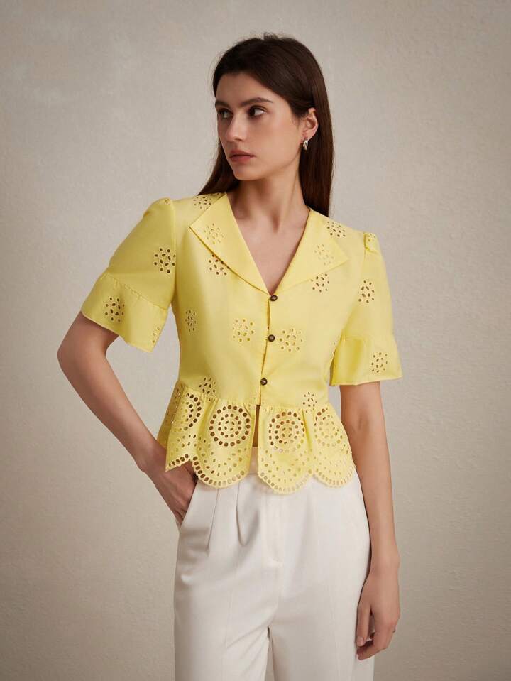 CM-TS061633 Women Casual Seoul Style Hollow Embroidery Turn-Down Collar Shirt - Yellow