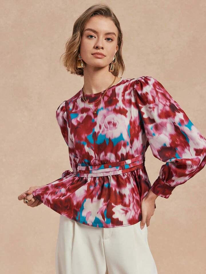 CM-TS023128 Women Casual Seoul Style Round Neck Long Sleeve Printed Peplum Top - Red