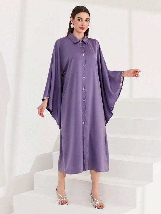CM-DS160067 Women Elegant Seoul Style Batwing Sleeve Single Breasted Dress - Mauve Purple