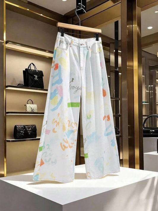 CM-BS825275 Women Casual Seoul Style High Waist Letter Print Pocket Loose Extra Long Wide Leg Jeans