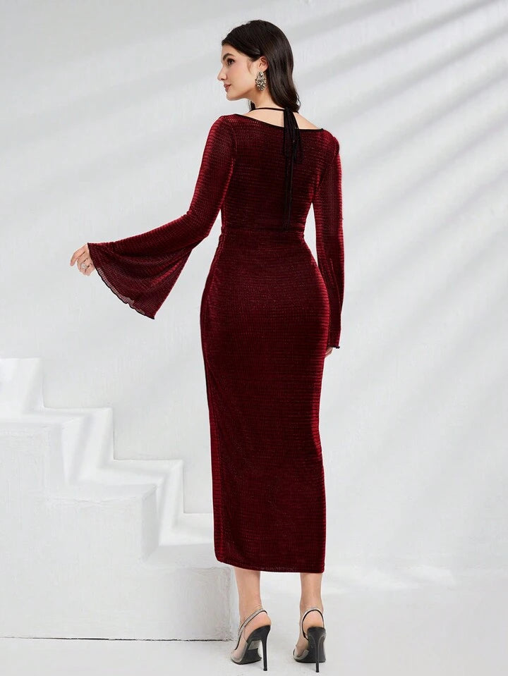 CM-DS336941 Women Elegant Seoul Style Wrap Draped Square Neck Bell Sleeve Dress - Burgundy