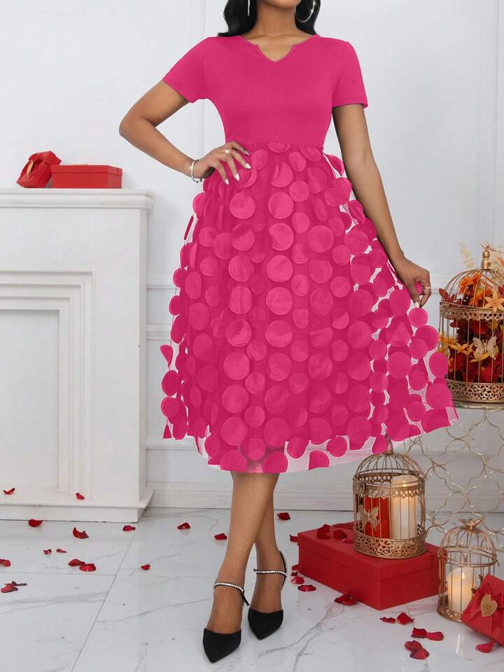 CM-DS399795 Women Casual Seoul Style Embroidery Mesh Splice Short Sleeve Tied Waist Dress - Hot Pink