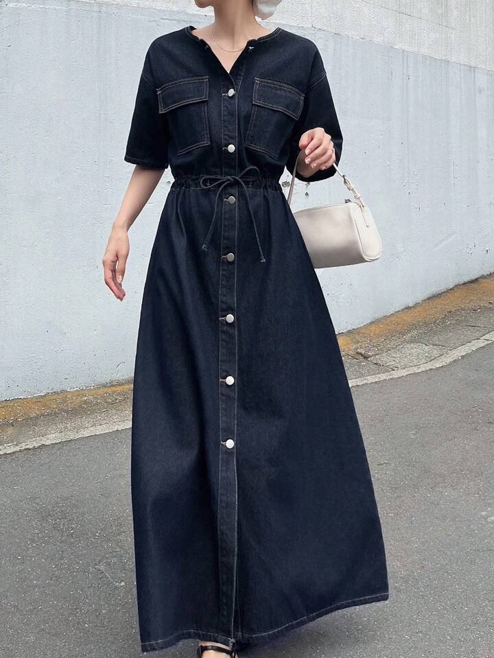 CM-DS667863 Women Casual Seoul Style Dark Wash Round Neck Short Sleeve Cinched Waist Pockets Decor Seam Denim Dress
