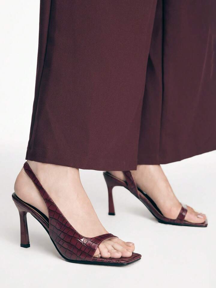 CM-SHS994189 Women Trendy Seoul Style Crocodile Pattern Slingback Square Toe Stiletto Sandals - Burgundy