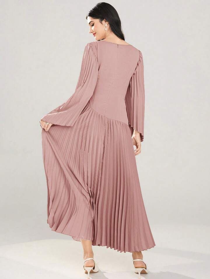 CM-DS914659 Women Elegant Seoul Style Round Neck Long Sleeve Asymmetrical Pleated Dress - Pink